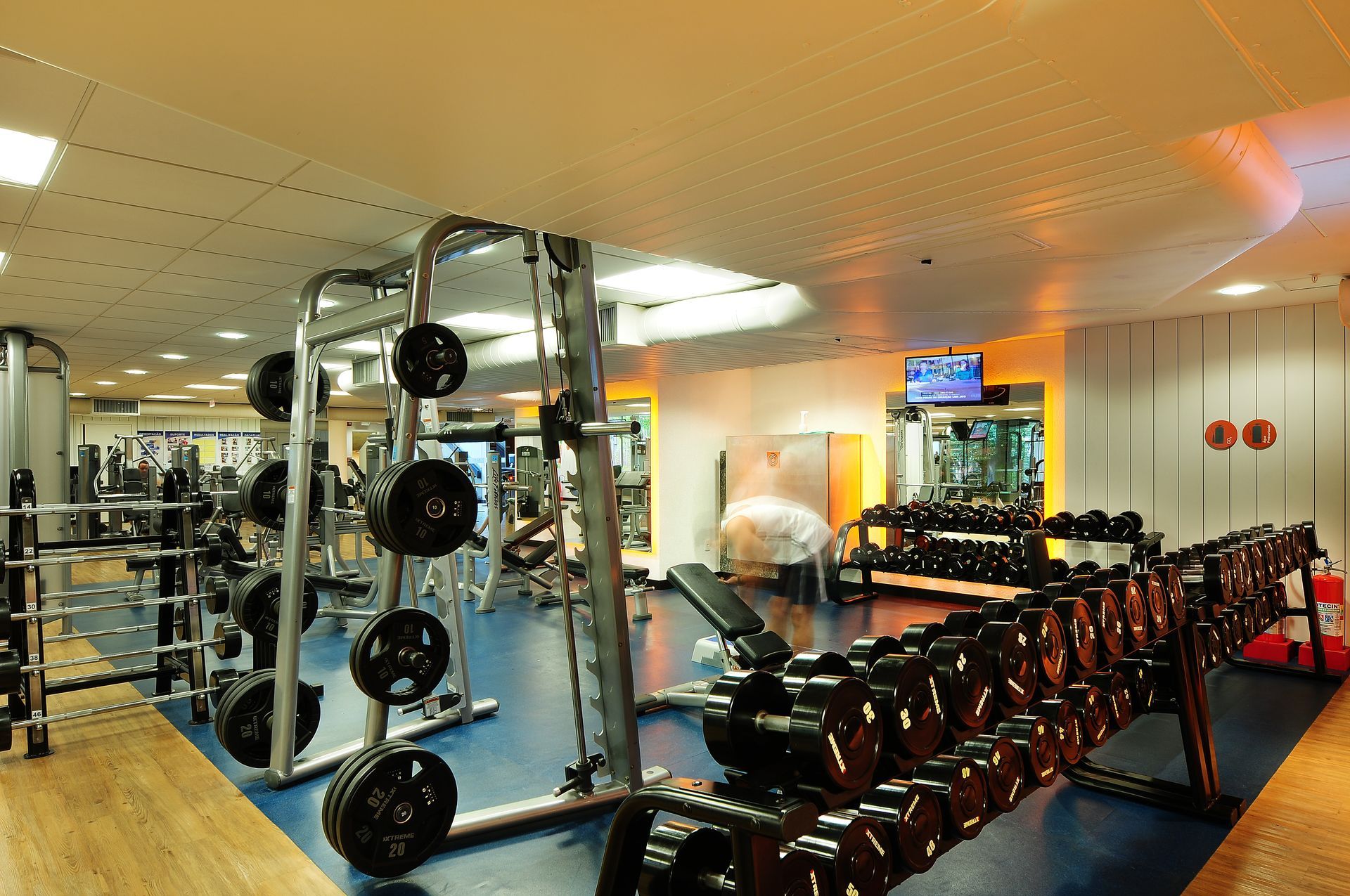 Interior de academia com aparelhos de musculação, halteres e espelhos sob luzes brilhantes no teto.
