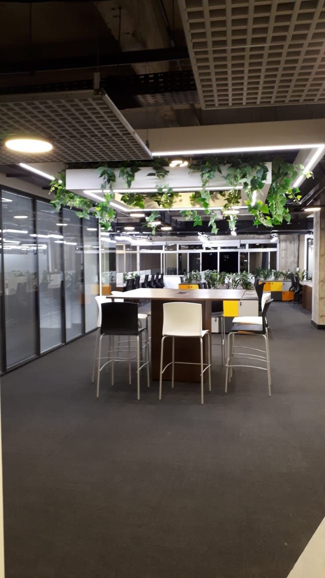 Sala de estar moderna com mesas, cadeiras, paredes de vidro e plantas suspensas sob luzes brilhantes no teto.
