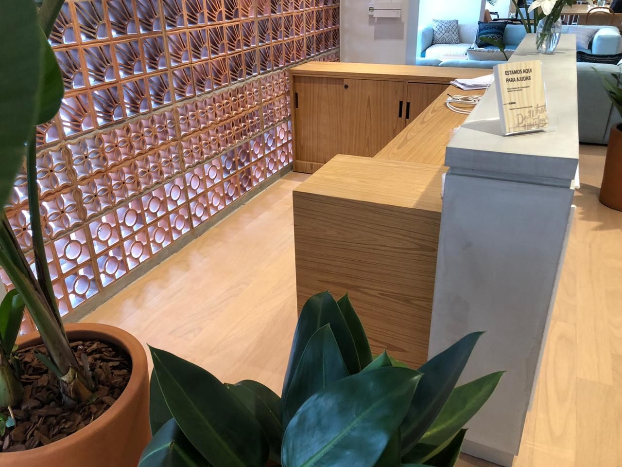Hall de entrada interno com balcão de recepção em madeira, parede de blocos de vidro, plantas em vasos e placa no balcão.