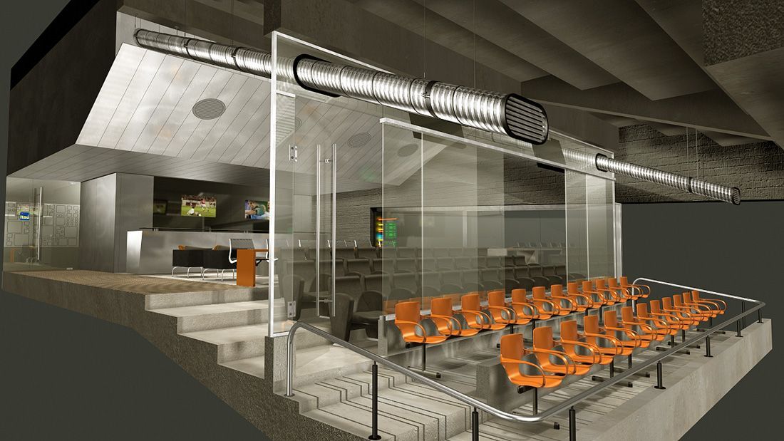 Assentos modernos de estádio com cadeiras laranja e uma área envidraçada sob um teto de concreto.