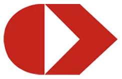 Logotipo geométrico vermelho com uma seta triangular branca no centro.