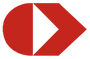 Logotipo geométrico vermelho com uma seta triangular branca no centro.