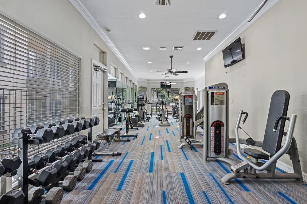 a large gym filled with lots of exercise equipment and dumbbells at Marquis at Ladera Vista in Austin, TX.