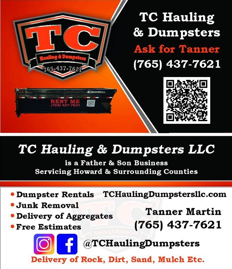 Business card for TC Hauling & Dumpsters, featuring services, phone number, website, and social media handle.