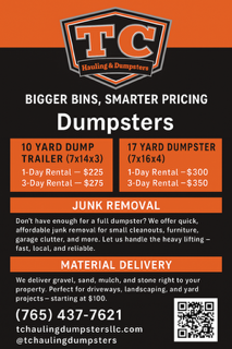 Flyer for TC Hauling & Dumpsters, detailing 10 and 17-yard dumpster rental prices, junk removal, and material delivery.