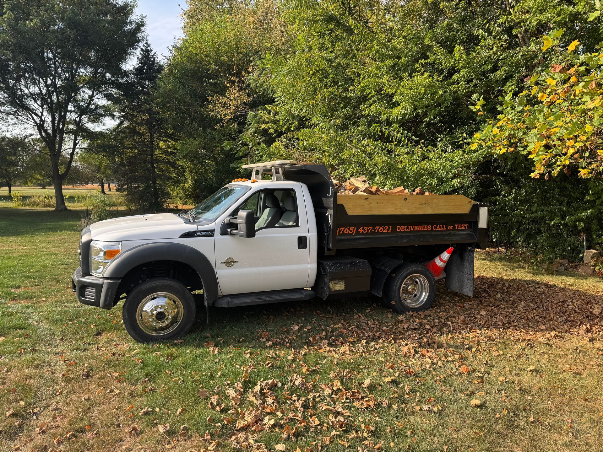 A white dump truck parked on a grassy area with scattered autumn leaves, beside a tree line.