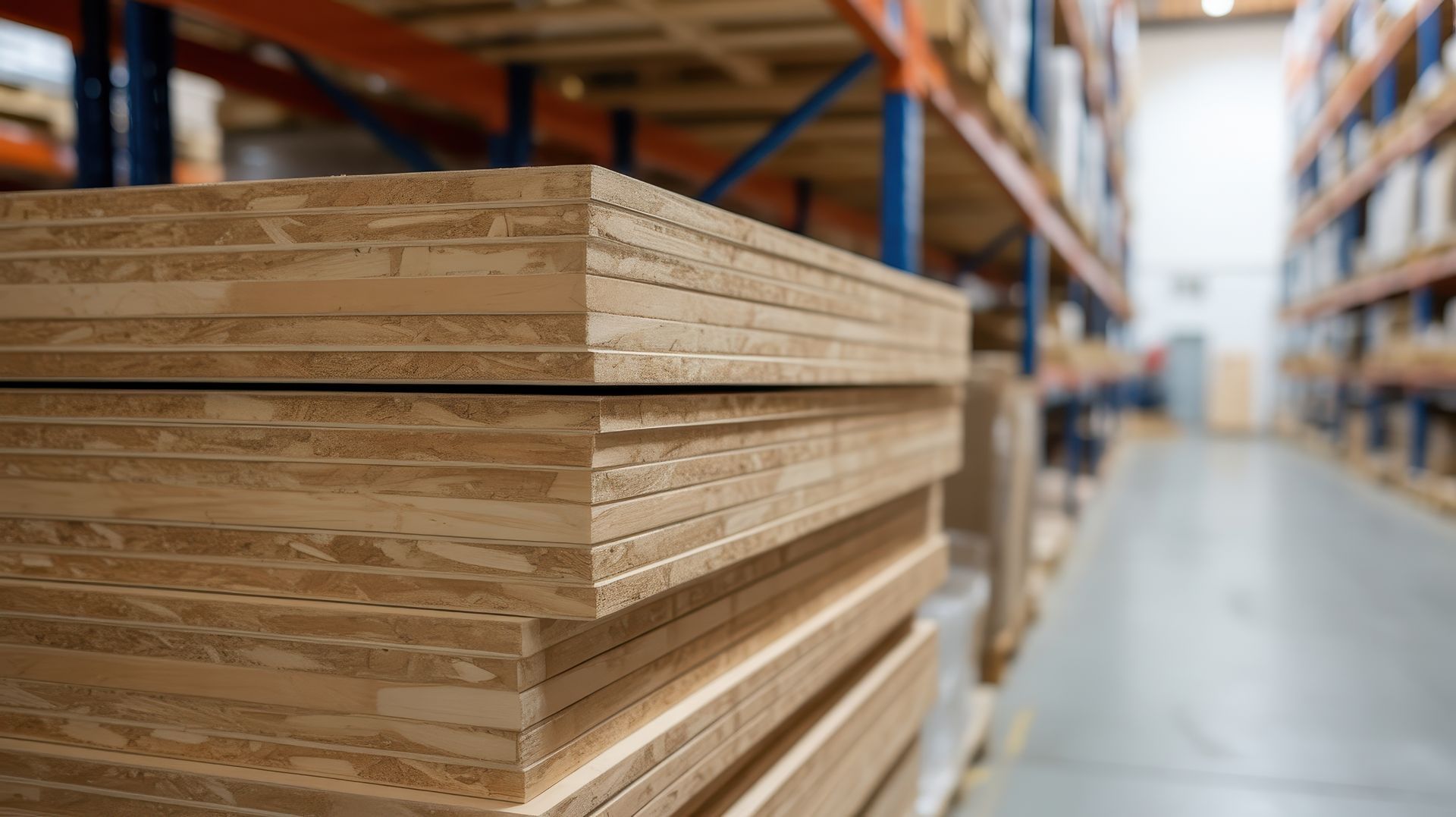 Stack of Plywood Sheets in an Industrial Warehouse Setting