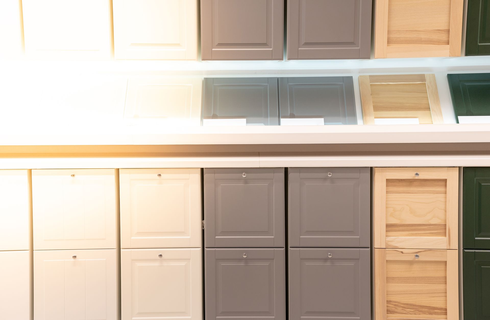 Display of cabinet materials in a kitchen showroom