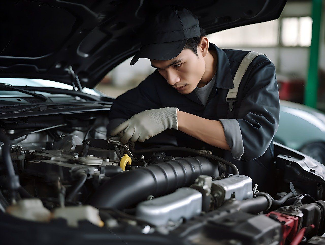 Mechanic in gray overalls inspecting a car engine with the hood open in a garage