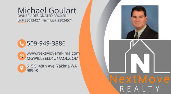 NextMove Realty business card with Michael Goulart contact info, house logo, and headshot on gray and orange background