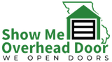 Show Me Overhead Door logo with green house outline and black garage door, slogan “We Open Doors”
