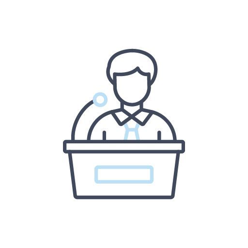 Dark blue icon of a speaker at a podium
