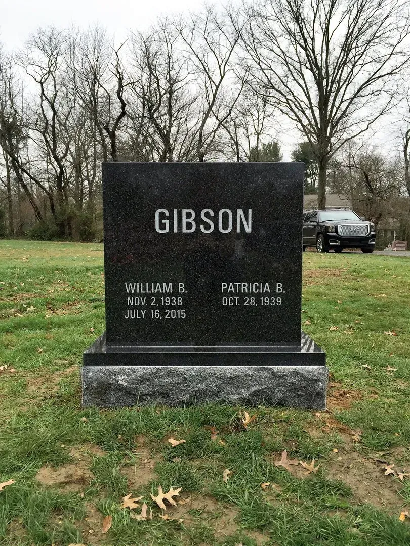 Black gravestone marked “GIBSON” in a grassy cemetery with leafless trees and a car in the background.