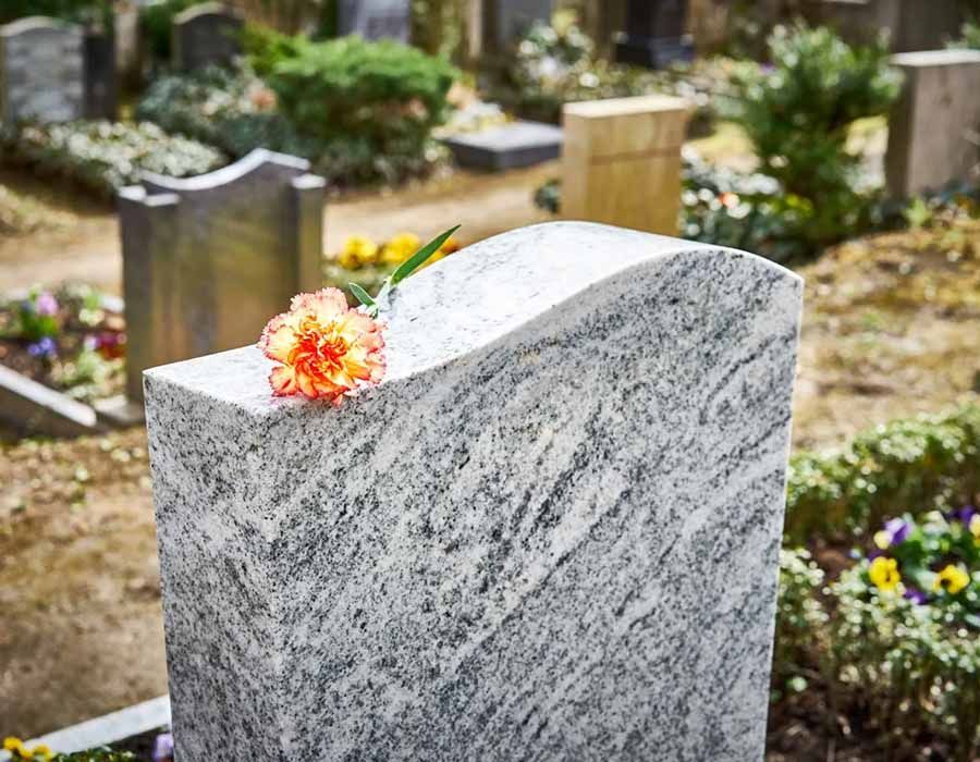 Granite gravestone with orange flowers in a cemetery, surrounded by blurred headstones and greenery