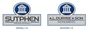 Side-by-side monument company logos: Suthpen Memorials and A.L. Dury & Son, with blue columns and gray text.
