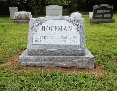 Gravestone in a grassy cemetery, with several other headstones in the background.