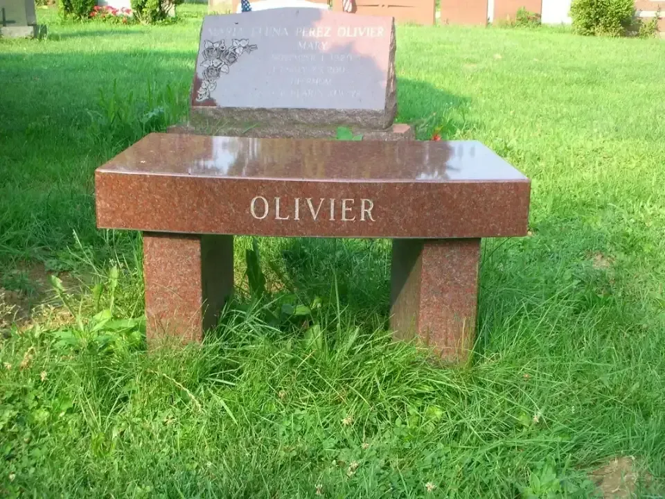 Brown memorial bench in a grassy park, engraved with “OLIVIER”