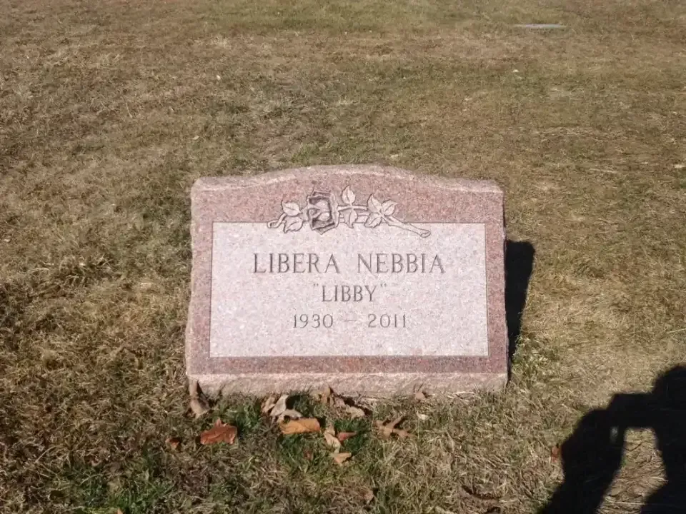 Pink granite gravestone in a grassy cemetery, inscribed “LIBERIA NEDUS” with dates below.