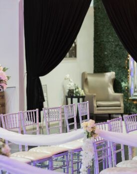 A room filled with purple chairs and a chair.