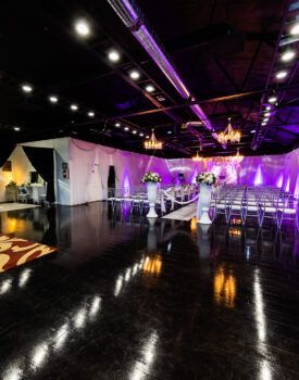 A large room with purple lights and flowers on the floor