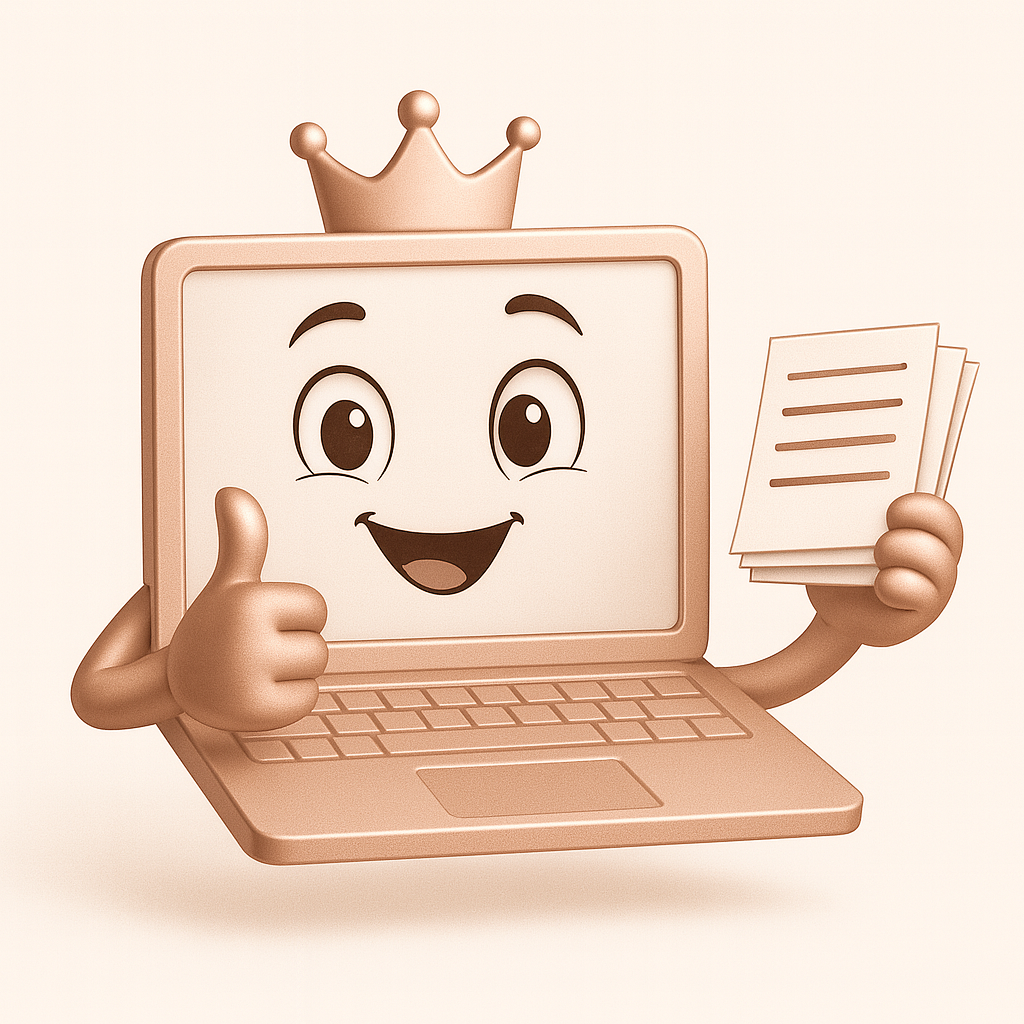 Crowned smiling laptop mascot giving a thumbs-up and holding a document