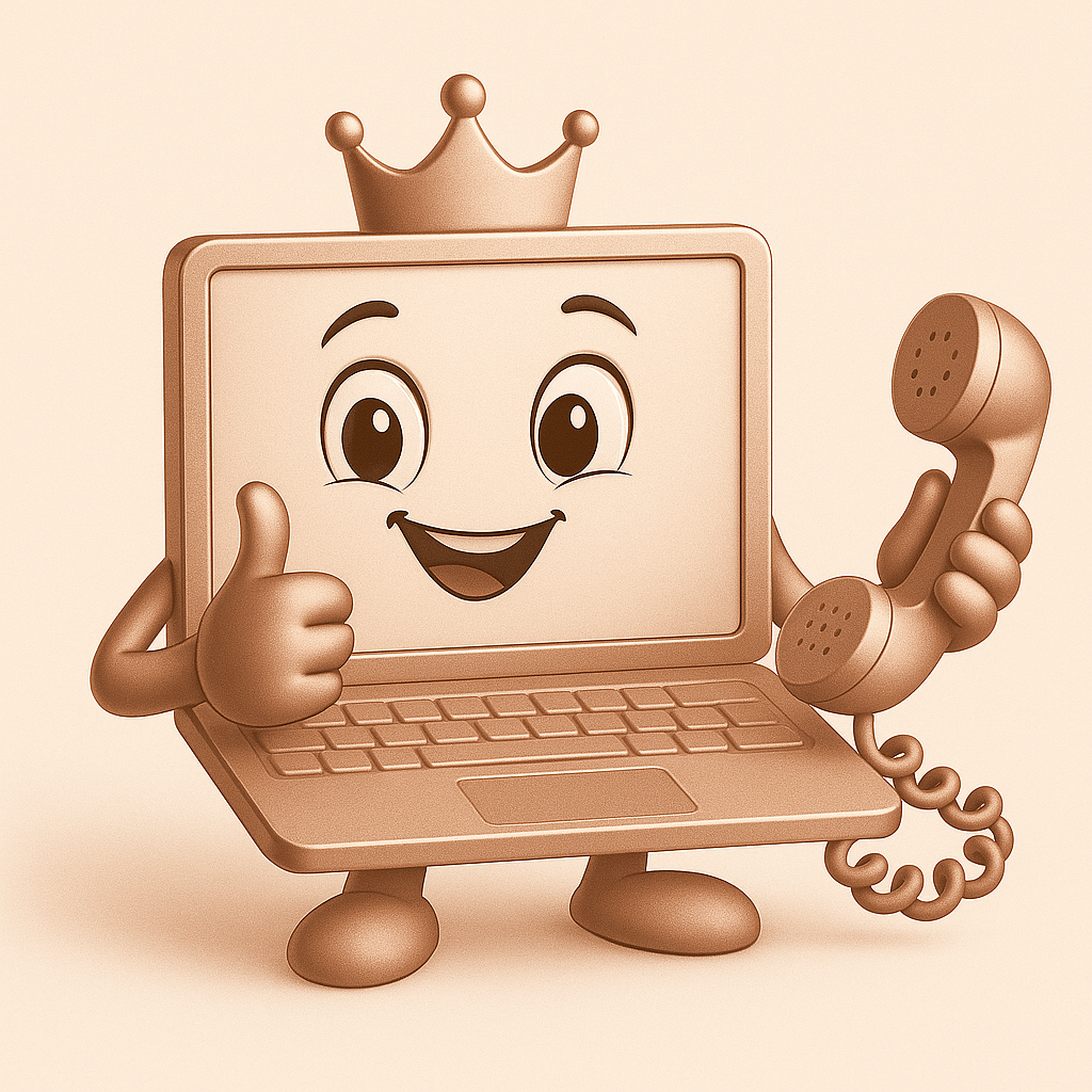 Cute cartoon laptop with a crown, smiling face, thumbs up, and holding a phone on a beige background