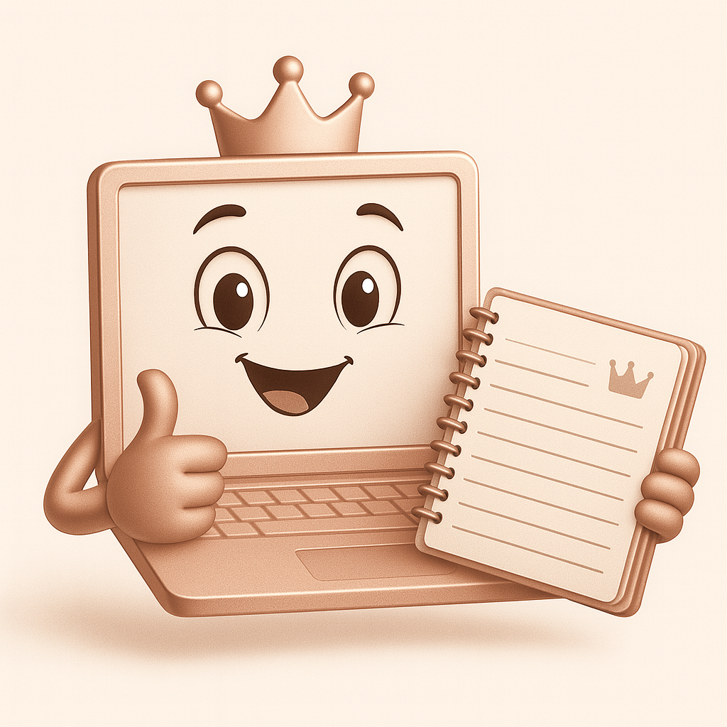 Smiling cartoon laptop with a crown, giving a thumbs-up and holding a spiral notebook