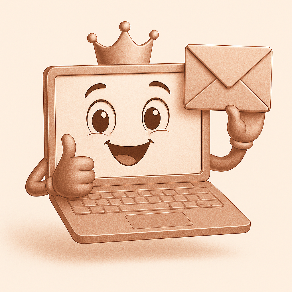 Smiling laptop with crown giving thumbs-up and holding an envelope in sepia tones