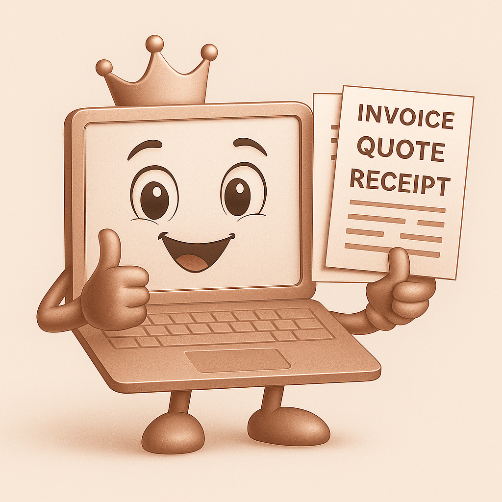 Smiling cartoon laptop with crown holding a sign reading “INVOICE, QUOTE, RECEIPT” on a beige background