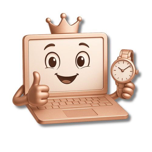 Smiling laptop with a crown giving a thumbs-up and holding a wristwatch