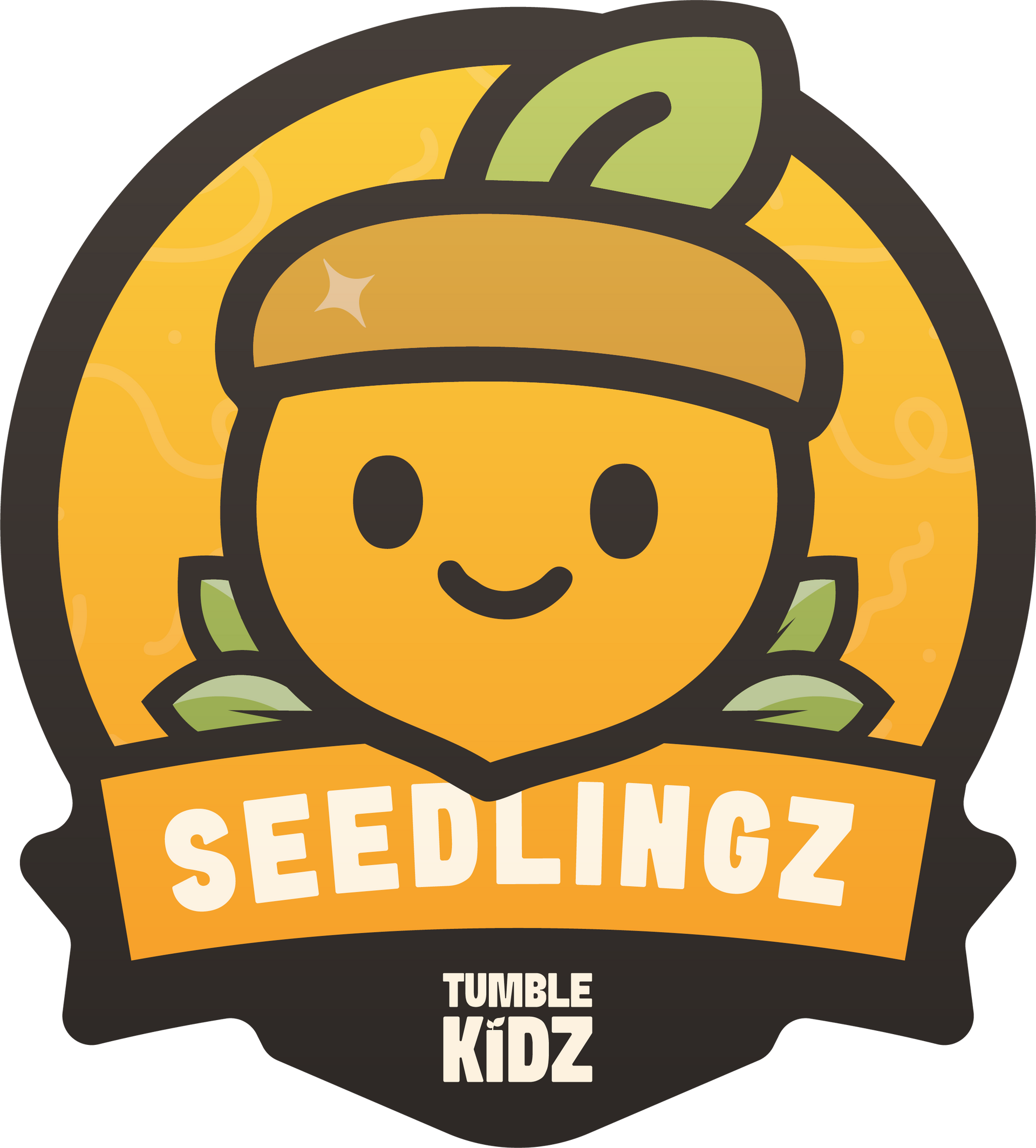 Logo: smiling acorn character with green leaves, 