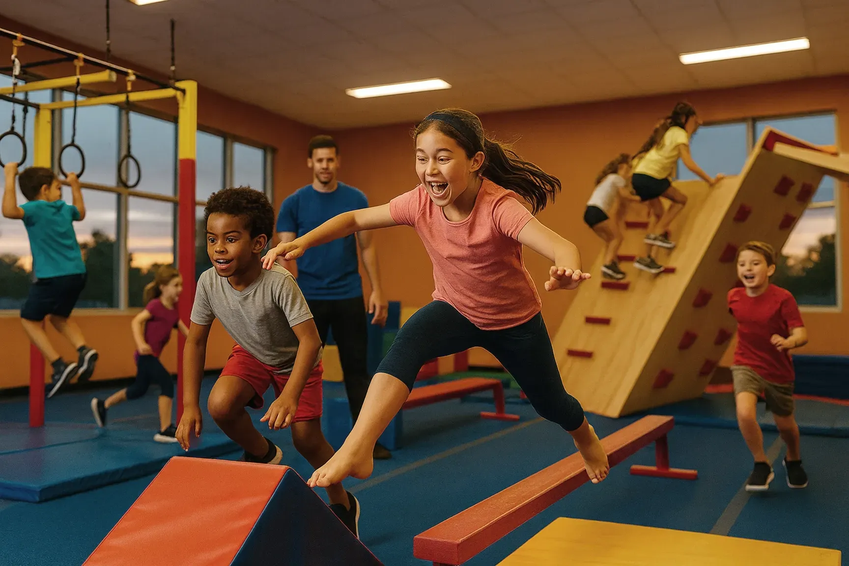 Children at an obstacle course gym, jumping, climbing, and using equipment.