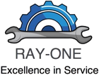 Ray-One logo with blue gear and gray wrench over the slogan “Excellence in Service”