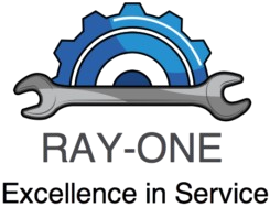 Ray-One logo with blue gear and gray wrench over the slogan “Excellence in Service”