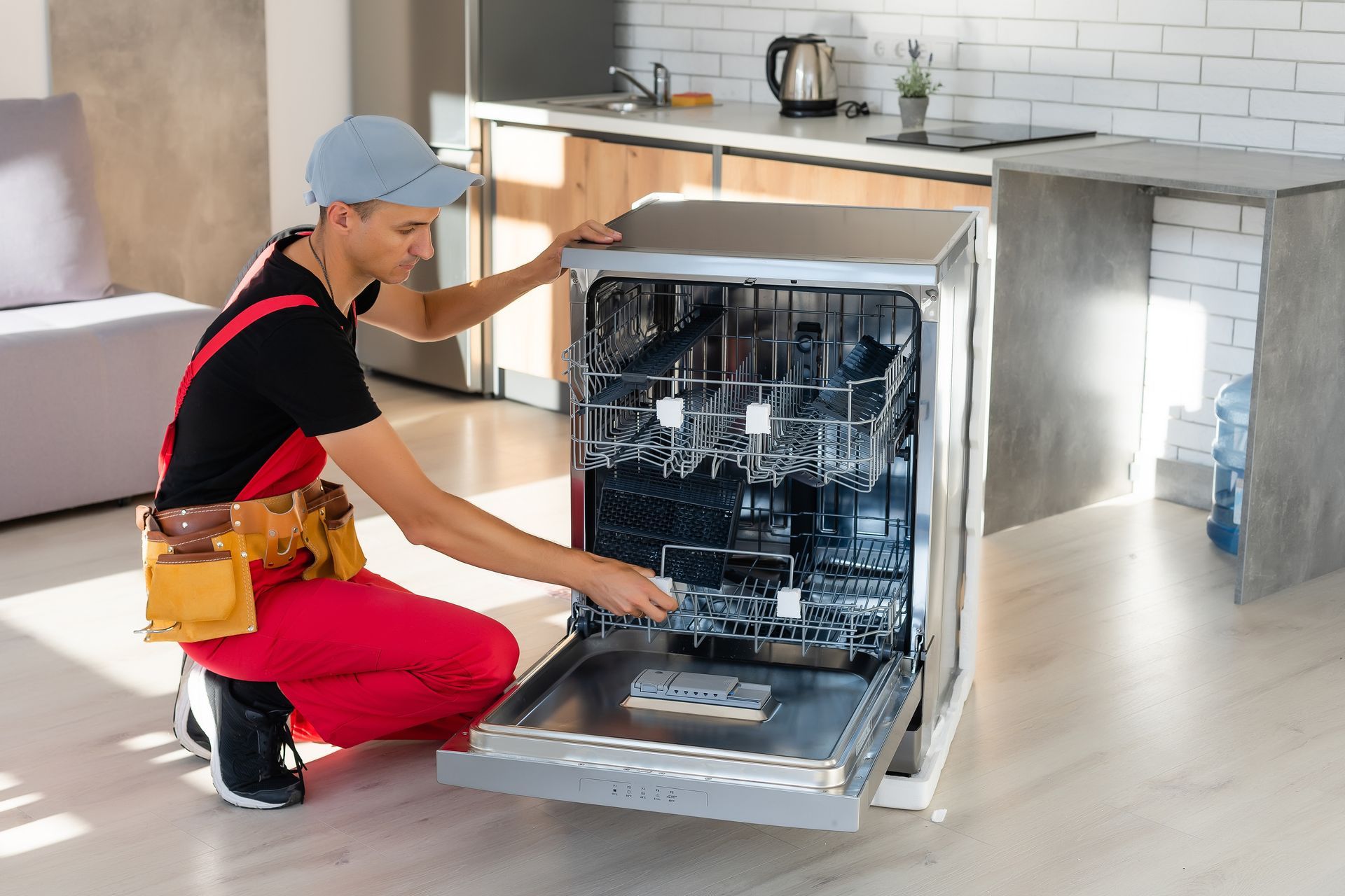 Technician kneeling beside an open dishwasher, inspecting the interior in a kitchen.