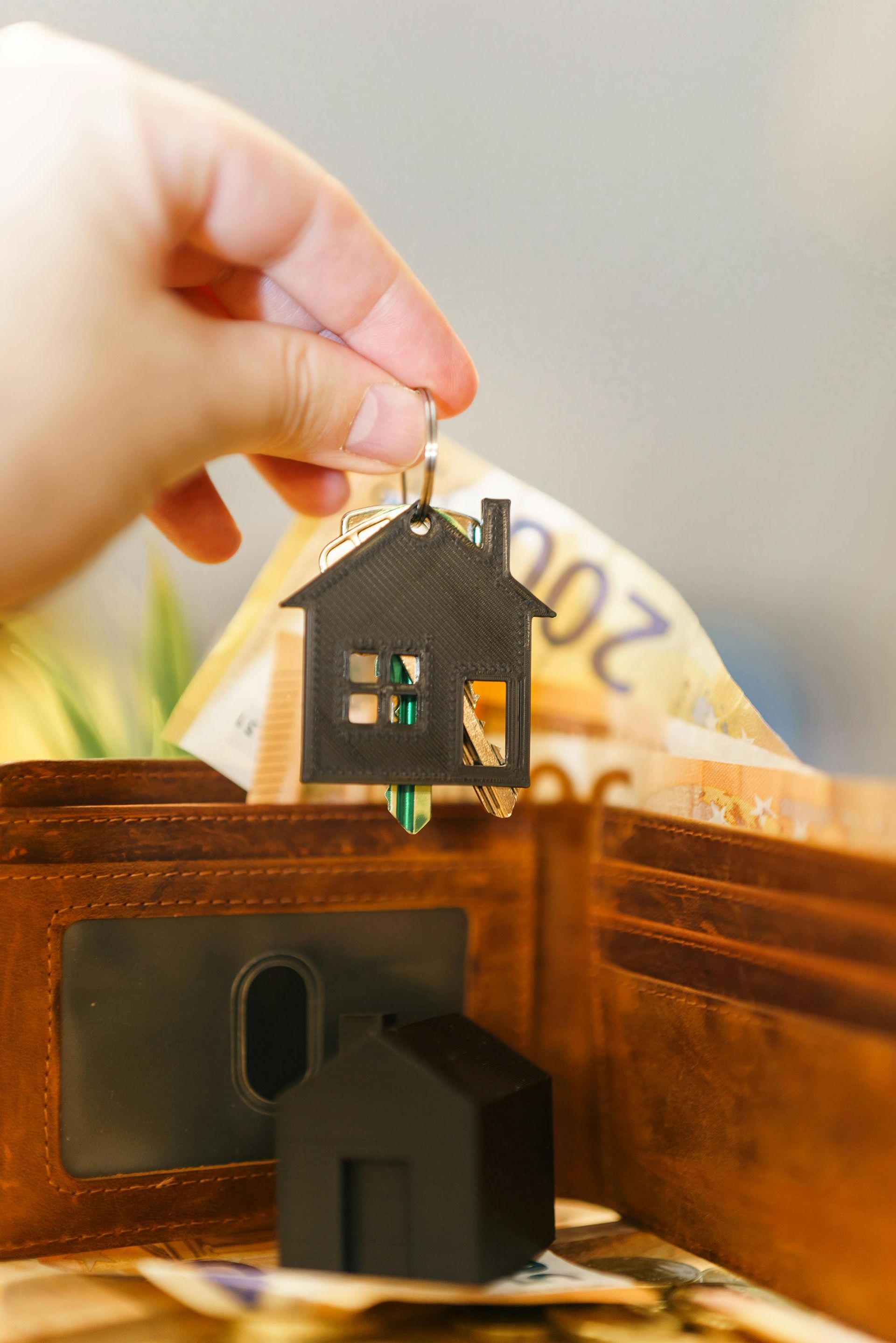 Hand placing a small house charm over an open leather wallet with banknotes inside