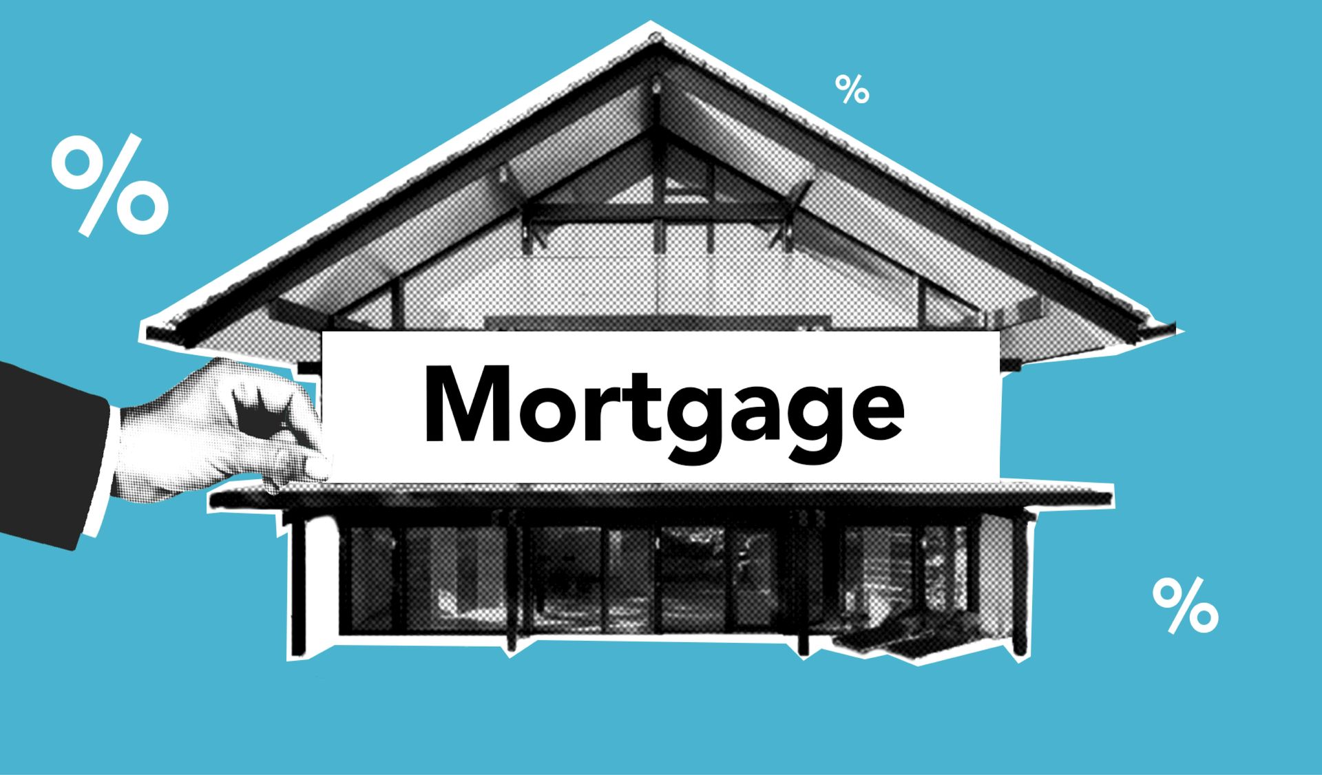House with “Mortgage” sign and percent symbols on a blue background