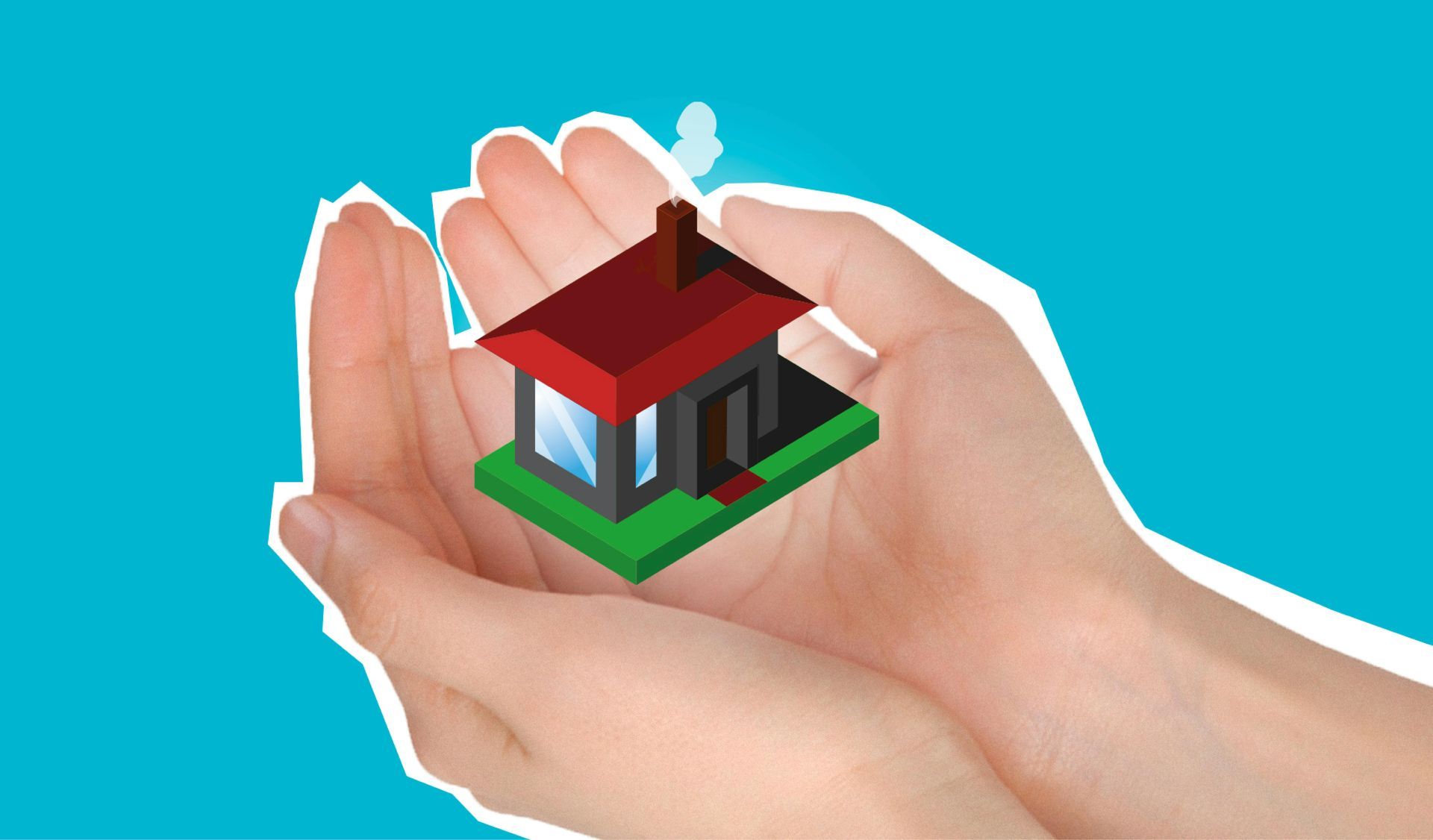 Hands cupping a small house model on a blue background