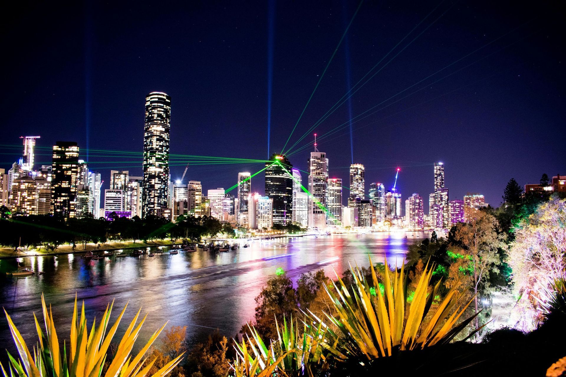 Nighttime city skyline reflected on a river, with colorful lights and plants in the foreground.