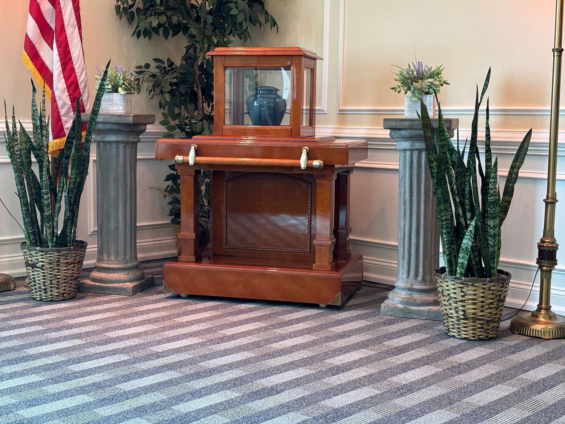 A display of urns and other items in a store