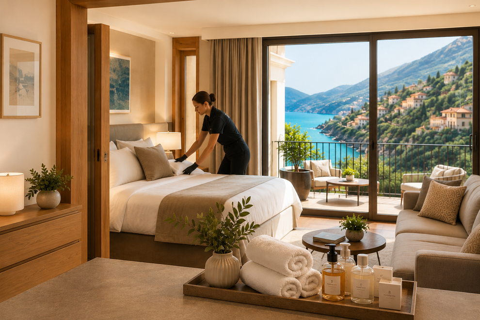 Una persona rifà il letto in una luminosa camera d'albergo con vista sul lago e sulle montagne attraverso ampie finestre.