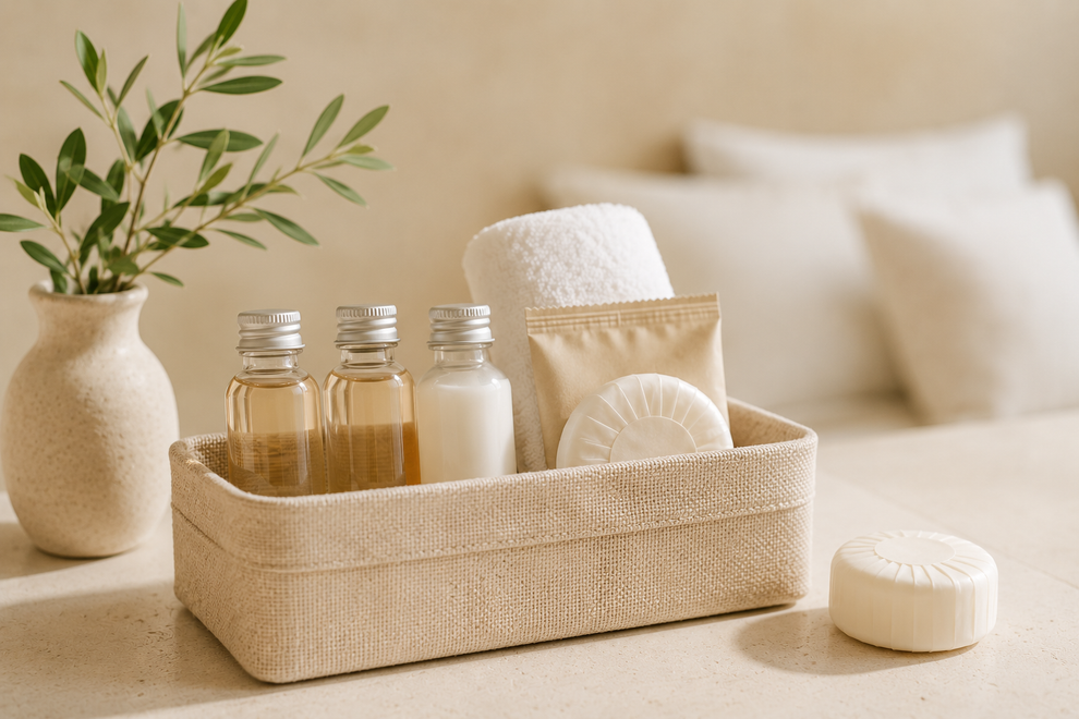 Prodotti da bagno in un cestino intrecciato sul ripiano del bagno, accanto a un vaso di piante.
