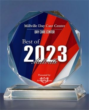 “Best of 2023” acrylic award trophy for Millville Day Care Center, blue and red faceted design