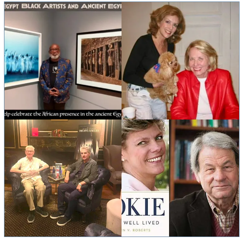 Collage: black artist, people at a gallery; two women with dog; two men, author with book cover, smiling woman and man.