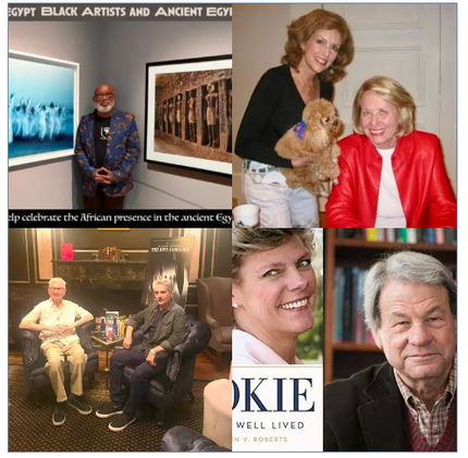 Collage: black artist, people at a gallery; two women with dog; two men, author with book cover, smiling woman and man.
