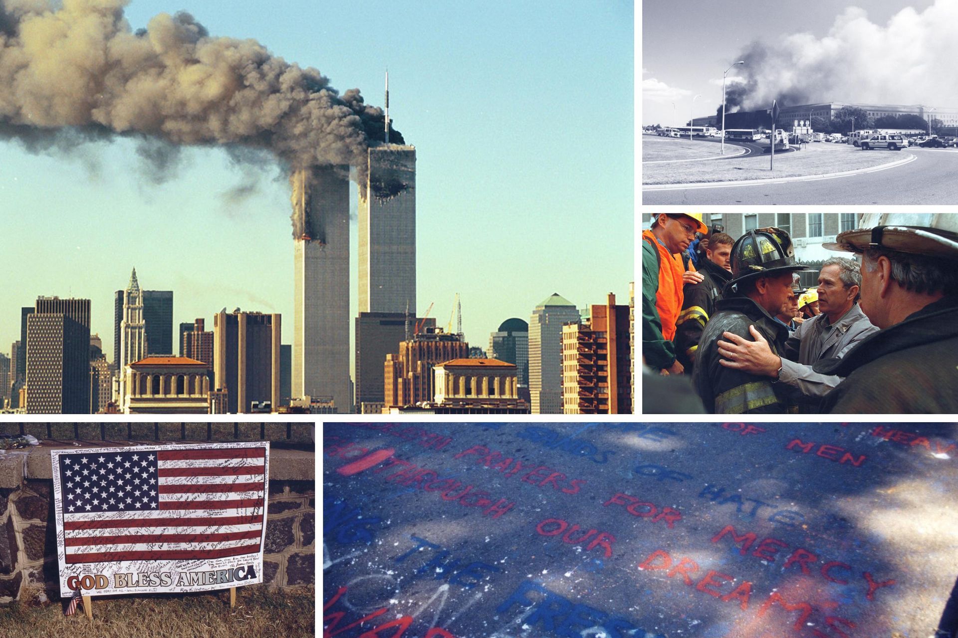 Collage of 9/11: smoking Twin Towers, wreckage, responders, U.S. flag, and memorial lights