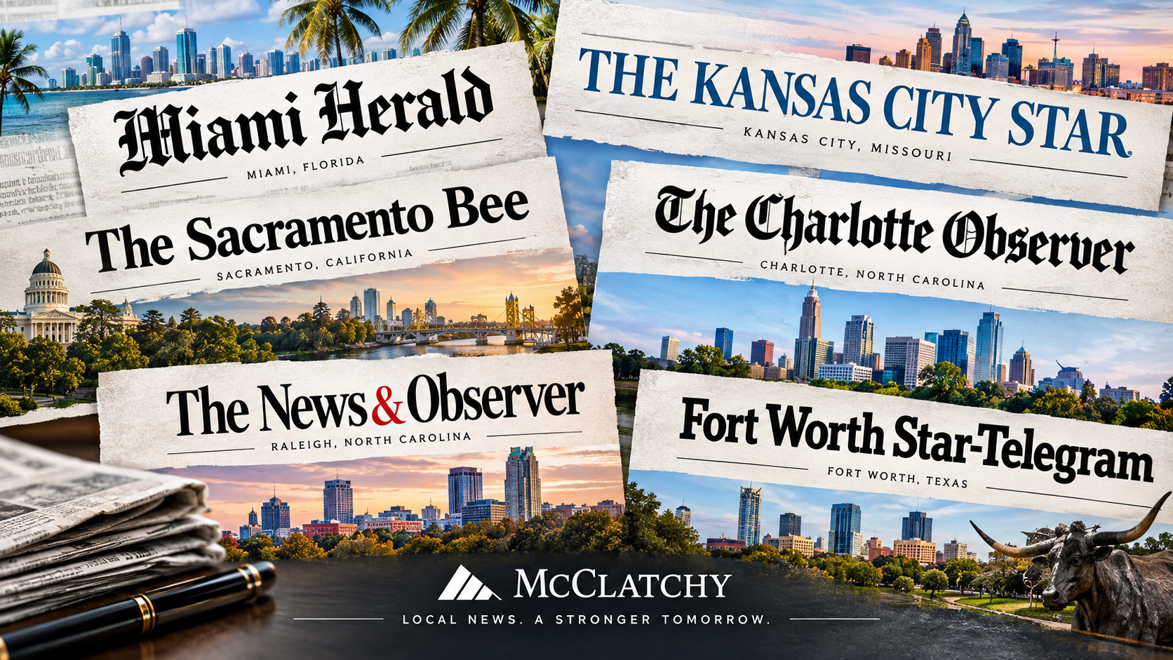 Collage of newspaper mastheads over city skylines: Miami Herald, Kansas City Star, Sacramento Bee, Charlotte Observer, and more