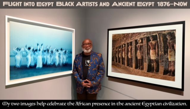 Man stands between two framed art pieces, exhibition titled 