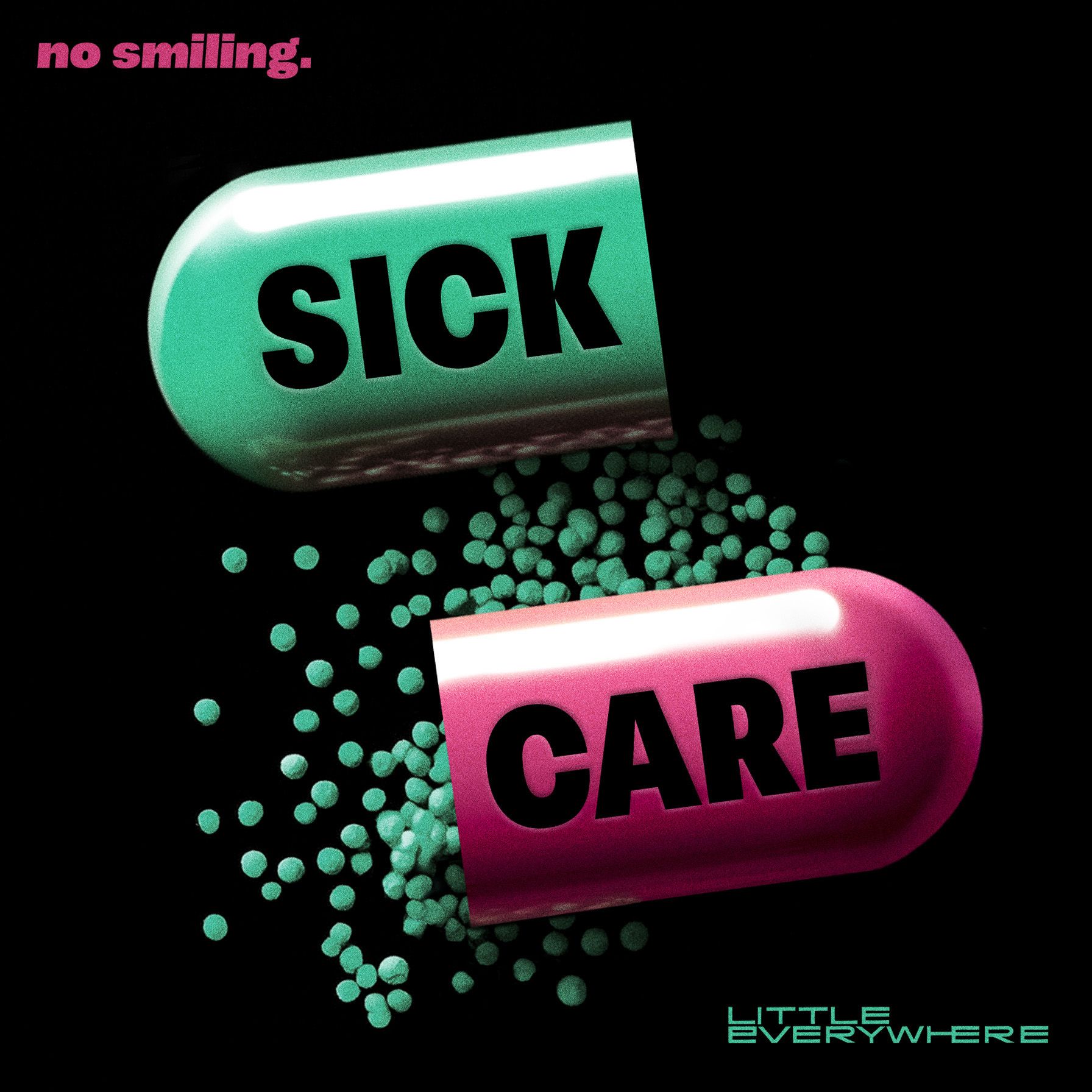 A pill capsule split open, spilling green pellets and the words 