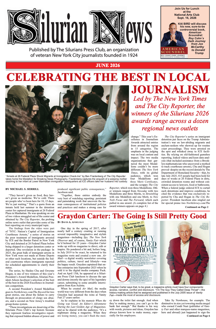 Silurian News front page: articles with photos of Molly Jong-Fast, Jaza Zeker, and David Margolick.